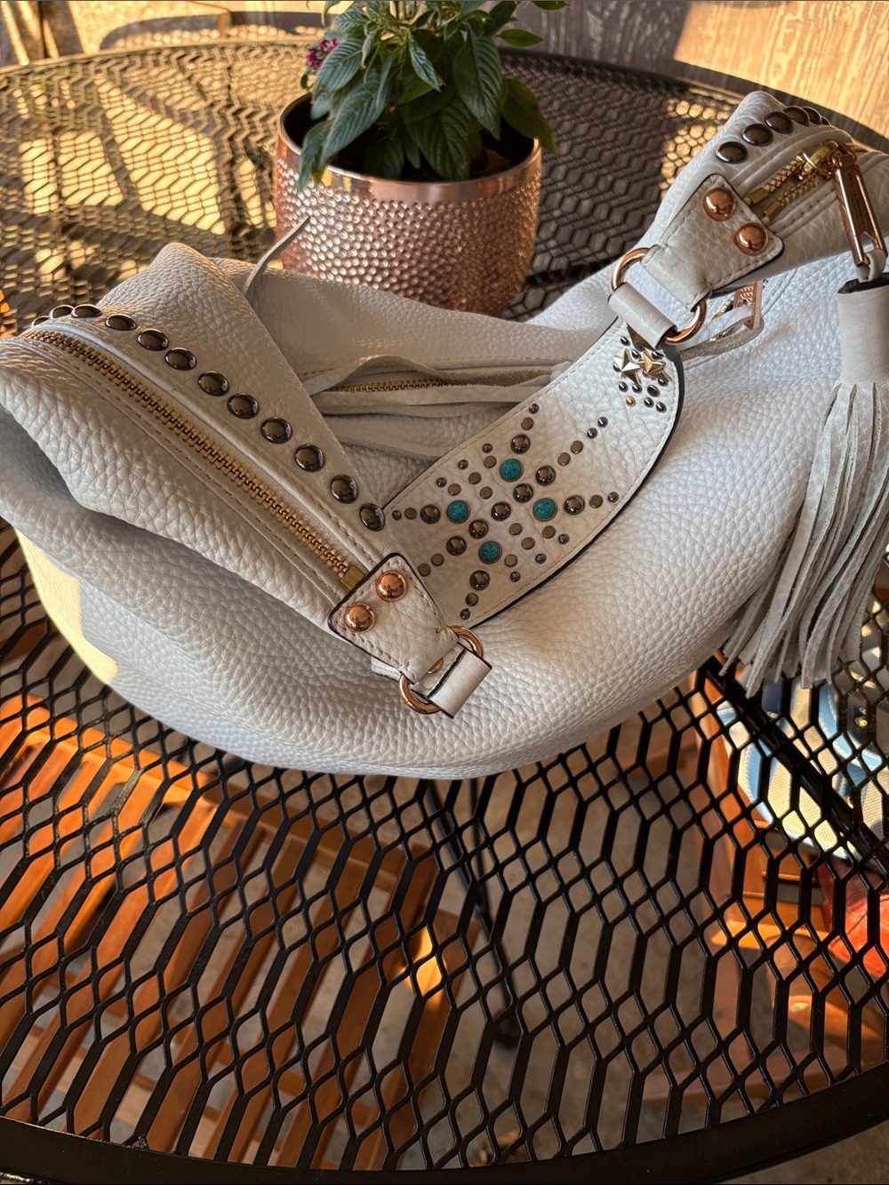 Rebecca Minkoff White Leather Studded Shoulder Hobo with Turquoise Accents